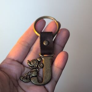Disney Mickey Mouse Brown Leather‎ Keychain with Antique brass Tone Initial J